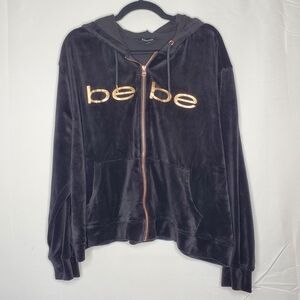 Bebe Velour Hoodie Size 3X Metallic Spell Out Zip Front Soft Black Jacket Y2K